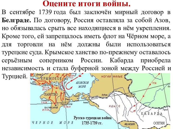 Оцените итоги войны. В сентябре 1739 года был заключён мирный