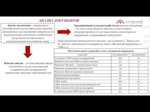 РАНХиГС АНАЛИЗ ДОКУМЕНТОВ Анализ документов - совокупность специфических исследовательских приемов,