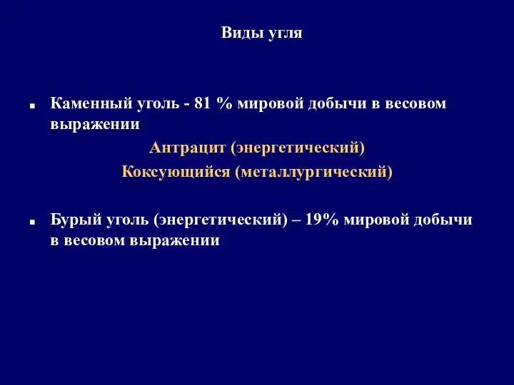 Виды угля Каменный уголь - 81 % мировой добычи в