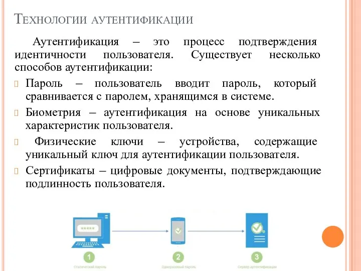 Технологии аутентификации Аутентификация – это процесс подтверждения идентичности пользователя. Существует