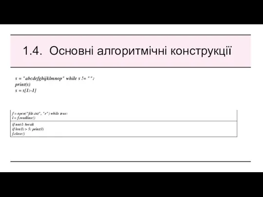 1.4. Основні алгоритмічні конструкції s = "abcdefghijklmnop" while s != "": print(s) s = s[1:-1]