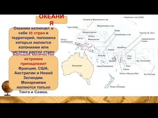 ОКЕАНИЯ Океания включает в себя 25 стран и территорий, половина