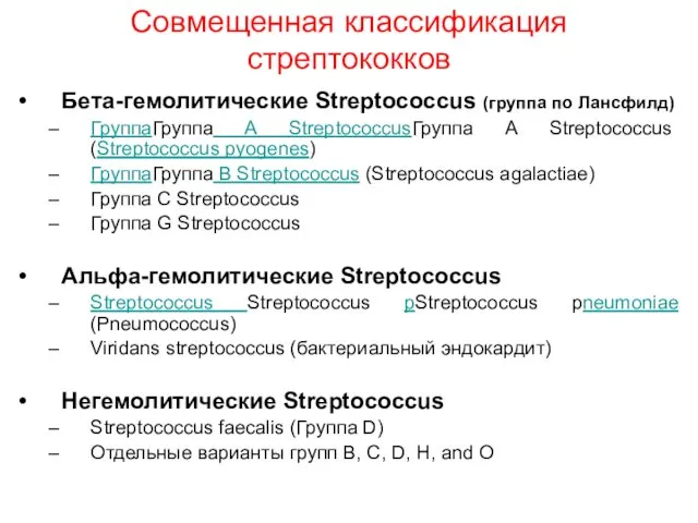 Совмещенная классификация стрептококков Бета-гемолитические Streptococcus (группа по Лансфилд) ГруппаГруппа A StreptococcusГруппа A Streptococcus