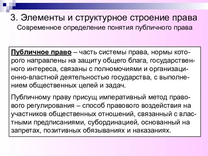 Современное определение понятия публичного права Публичное право – часть системы