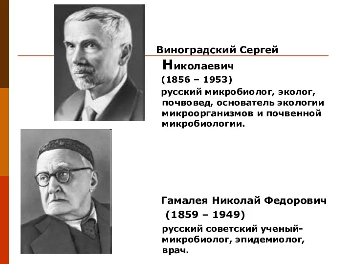 Виноградский Сергей Николаевич (1856 – 1953) русский микробиолог, эколог, почвовед, основатель экологии микроорганизмов