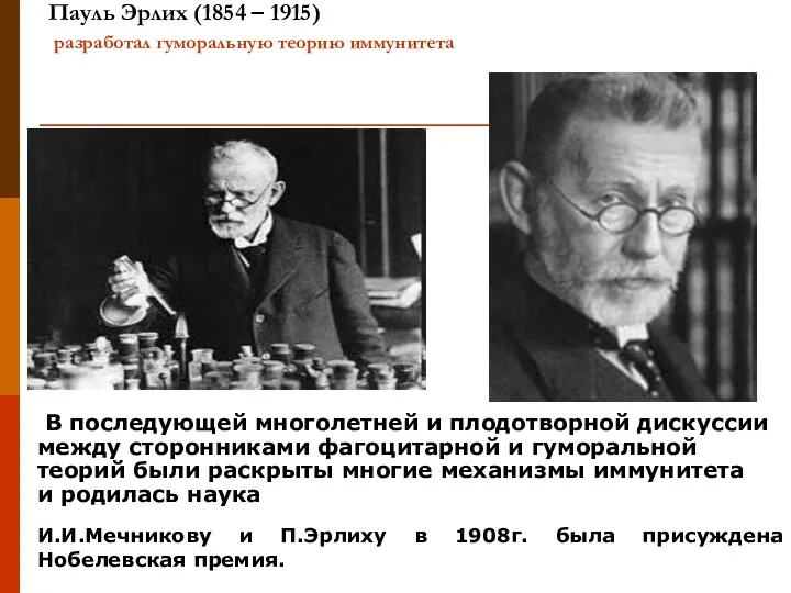 Пауль Эрлих (1854 – 1915) разработал гуморальную теорию иммунитета В последующей многолетней и