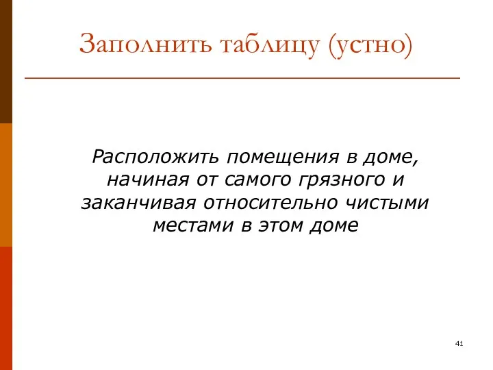 Заполнить таблицу (устно) Расположить помещения в доме, начиная от самого грязного и заканчивая