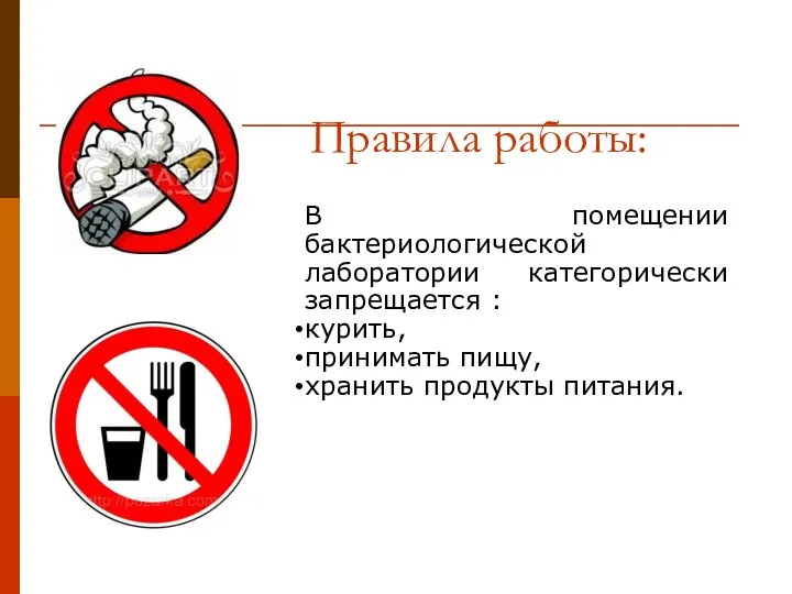 Правила работы: В помещении бактериологической лаборатории категорически запрещается : курить, принимать пищу, хранить продукты питания.