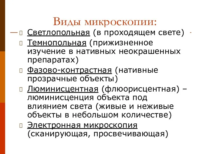 Виды микроскопии: Светлопольная (в проходящем свете) Темнопольная (прижизненное изучение в