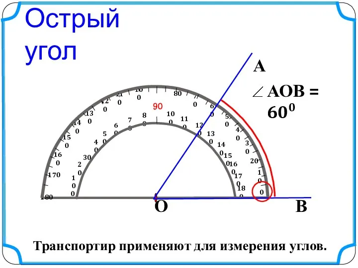 Острый угол Транспортир применяют для измерения углов.