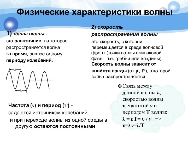 Физические характеристики волны 1) длина волны - это расстояние, на