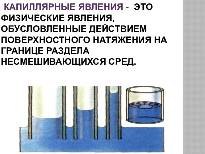 КАПИЛЛЯРНЫЕ ЯВЛЕНИЯ - ЭТО ФИЗИЧЕСКИЕ ЯВЛЕНИЯ, ОБУСЛОВЛЕННЫЕ ДЕЙСТВИЕМ ПОВЕРХНОСТНОГО НАТЯЖЕНИЯ НА ГРАНИЦЕ РАЗДЕЛА НЕСМЕШИВАЮЩИХСЯ СРЕД.