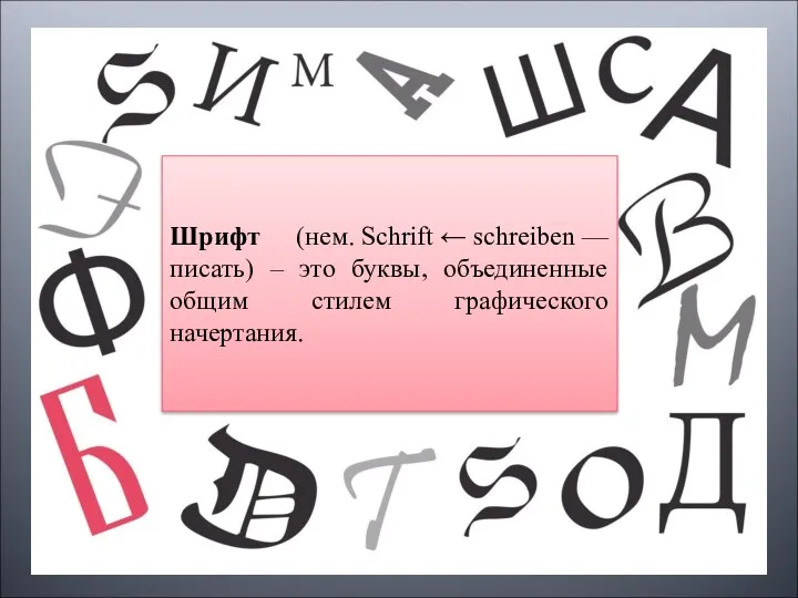 Шрифт (нем. Schrift ← schreiben — писать) – это буквы, объединенные общим стилем графического начертания.