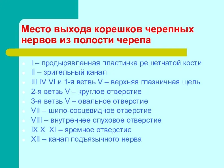 Место выхода корешков черепных нервов из полости черепа I –