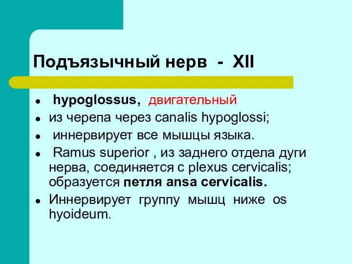 Подъязычный нерв - XII hypoglossus, двигательный. из черепа через canalis
