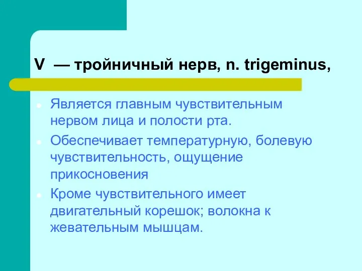 V — тройничный нерв, n. trigeminus, Является главным чувствительным нервом