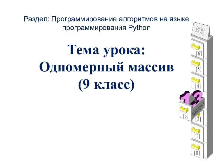 Раздел: Программирование алгоритмов на языке программирования Python Тема урока: Одномерный массив (9 класс)