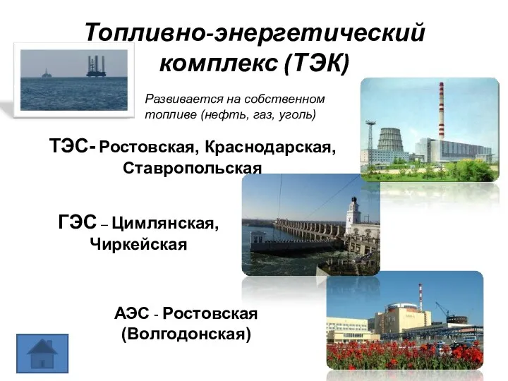 Топливно-энергетический комплекс (ТЭК) Развивается на собственном топливе (нефть, газ, уголь)