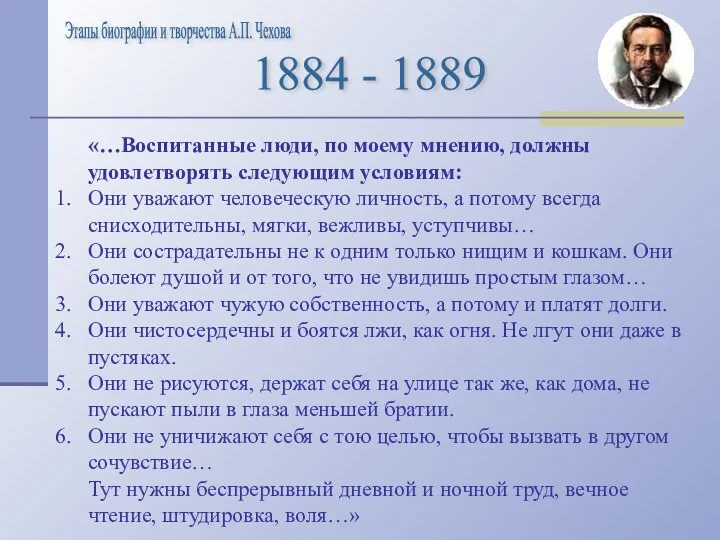 Этапы биографии и творчества А.П. Чехова 1884 - 1889 «…Воспитанные люди, по моему