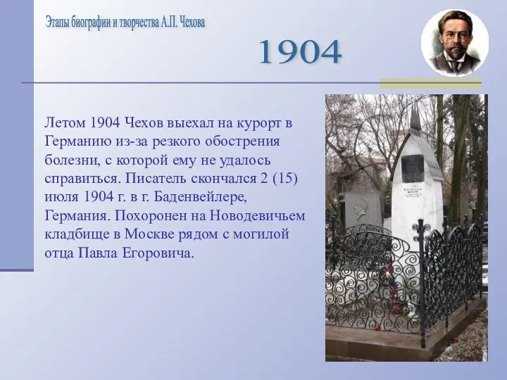 Летом 1904 Чехов выехал на курорт в Германию из-за резкого