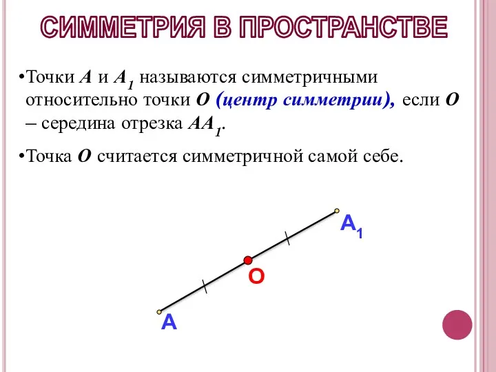 СИММЕТРИЯ В ПРОСТРАНСТВЕ Точки А и А1 называются симметричными относительно