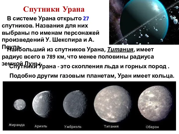 Спутники Урана Наибольший из спутников Урана, Титания, имеет радиус всего