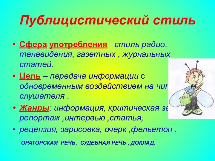 Публицистический стиль Сфера употребления –стиль радио, телевидения, газетных , журнальных