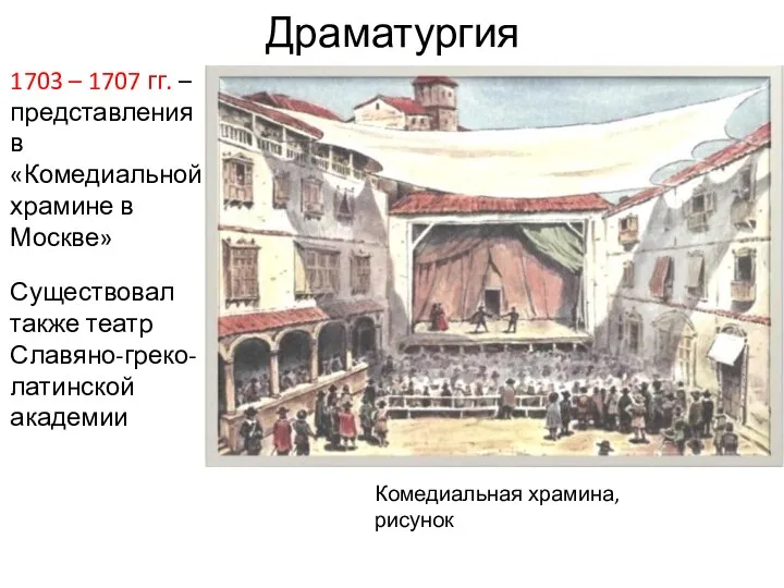 Драматургия Комедиальная храмина, рисунок 1703 – 1707 гг. – представления