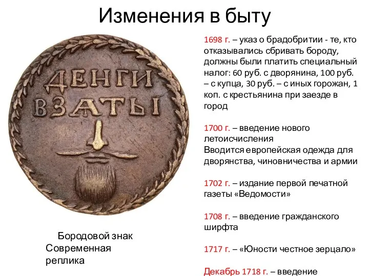 Изменения в быту Бородовой знак Современная реплика 1698 г. –