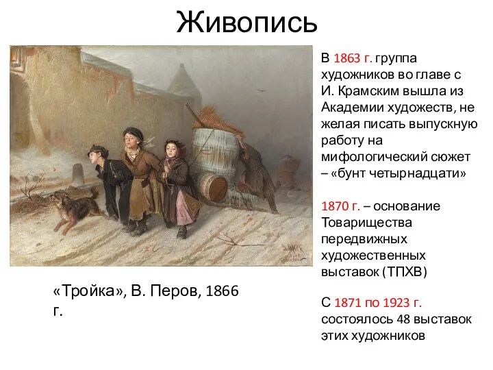 Живопись «Тройка», В. Перов, 1866 г. В 1863 г. группа