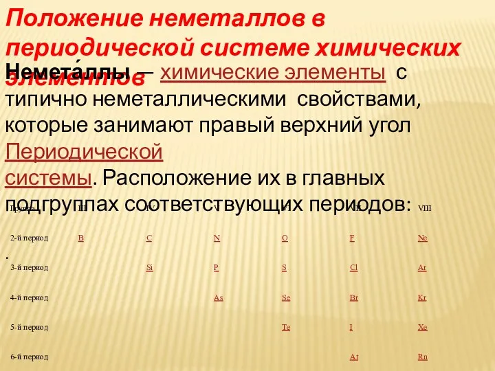 Положение неметаллов в периодической системе химических элементов Немета́ллы — химические