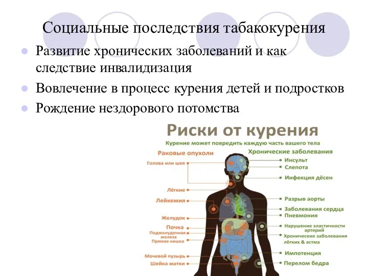 Социальные последствия табакокурения Развитие хронических заболеваний и как следствие инвалидизация