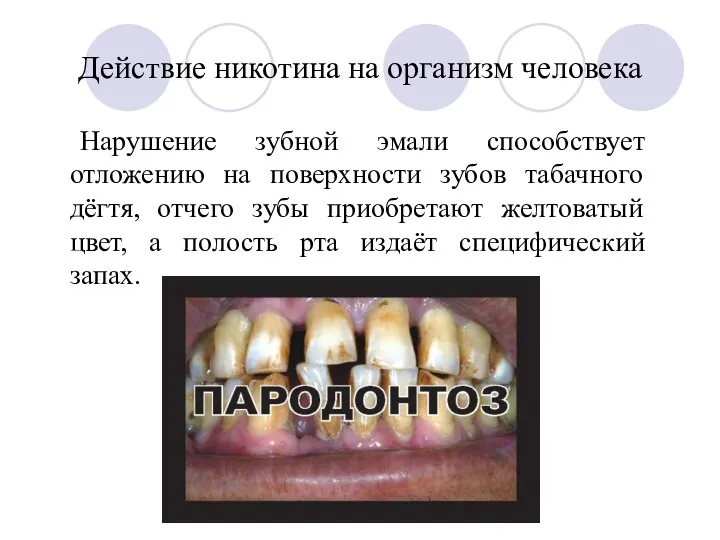 Действие никотина на организм человека Нарушение зубной эмали способствует отложению