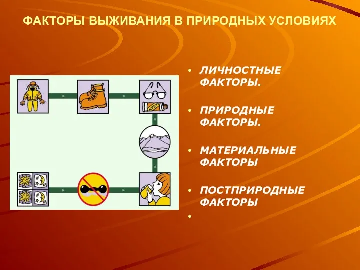 ФАКТОРЫ ВЫЖИВАНИЯ В ПРИРОДНЫХ УСЛОВИЯХ ЛИЧНОСТНЫЕ ФАКТОРЫ. ПРИРОДНЫЕ ФАКТОРЫ. МАТЕРИАЛЬНЫЕ ФАКТОРЫ ПОСТПРИРОДНЫЕ ФАКТОРЫ