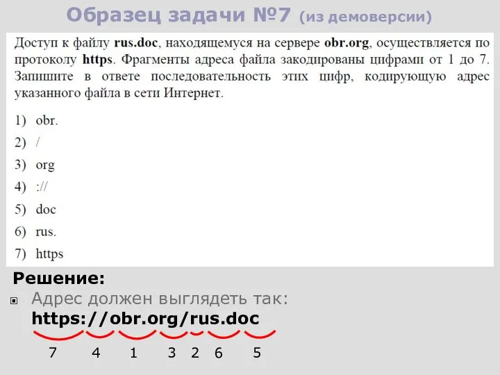 Образец задачи №7 (из демоверсии) Решение: Адрес должен выглядеть так: