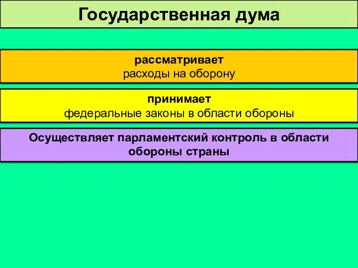 рассматривает расходы на оборону Государственная дума Осуществляет парламентский контроль в