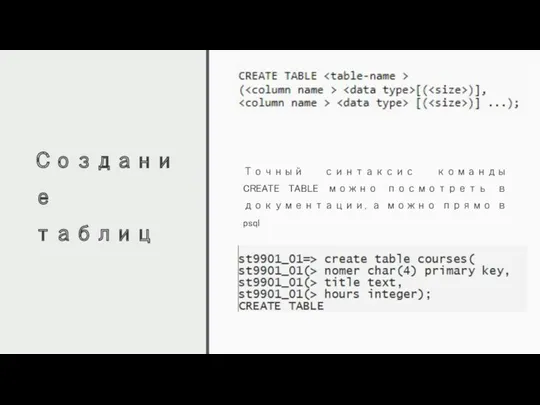 Создание таблиц Точный синтаксис команды CREATE TABLE можно посмотреть в документации, а можно прямо в psql