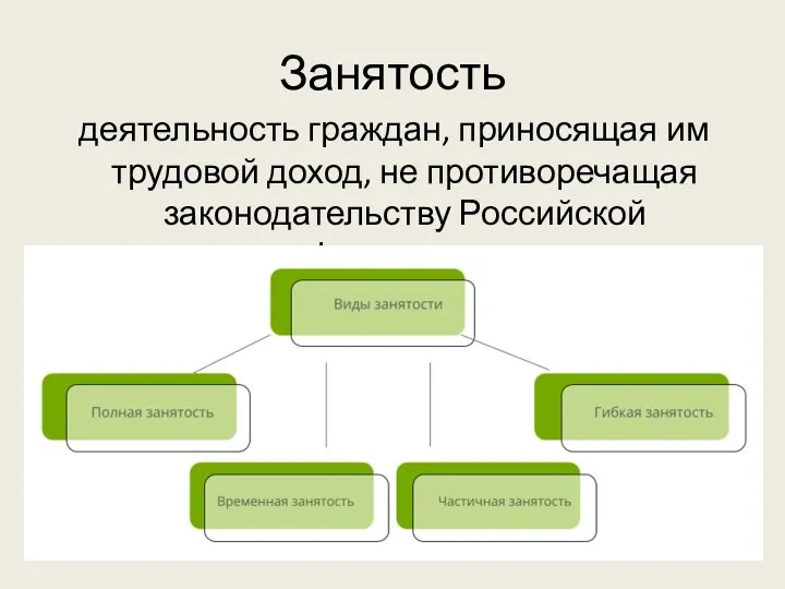 Занятость деятельность граждан, приносящая им трудовой доход, не противоречащая законодательству Российской Федерации.