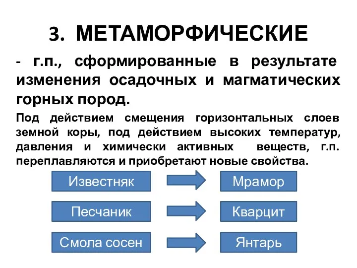 3. МЕТАМОРФИЧЕСКИЕ - г.п., сформированные в результате изменения осадочных и