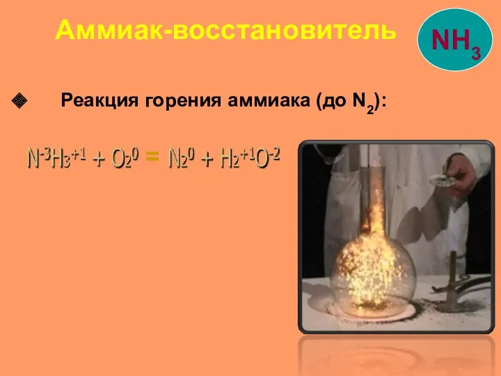 Реакция горения аммиака (до N2): = Аммиак-восстановитель