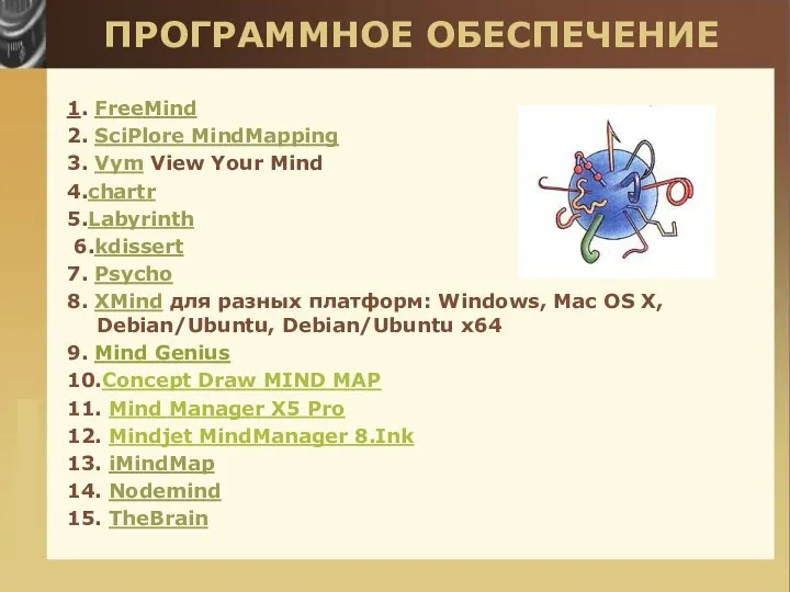 ПРОГРАММНОЕ ОБЕСПЕЧЕНИЕ 1. FreeMind 2. SciPlore MindMapping 3. Vym View