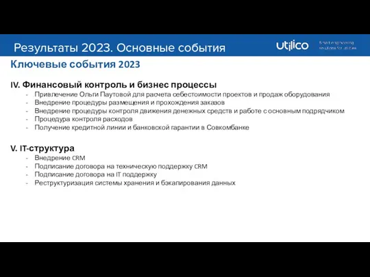 Результаты 2023. Основные события Ключевые события 2023 IV. Финансовый контроль и бизнес процессы