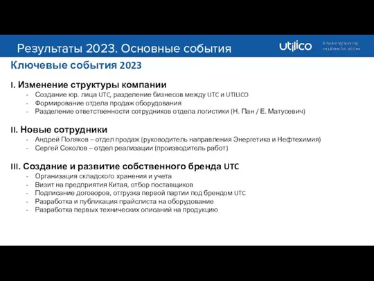 Результаты 2023. Основные события Ключевые события 2023 I. Изменение структуры компании Создание юр.