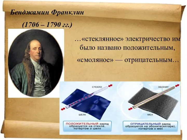 Бенджамин Франклин (1706 – 1790 гг.) …«стеклянное» электричество им было названо положительным, «смоляное» — отрицательным…