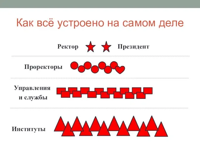 Как всё устроено на самом деле Президент Ректор Проректоры Управления и службы Институты