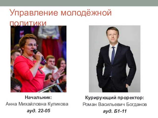 Управление молодёжной политики Начальник: Анна Михайловна Куликова ауд. 22-05 Курирующий проректор: Роман Васильевич Богданов ауд. Б1-11