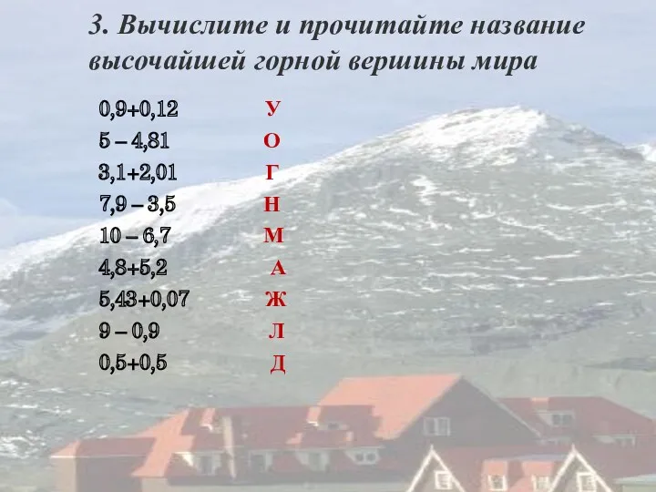 3. Вычислите и прочитайте название высочайшей горной вершины мира 0,9+0,12