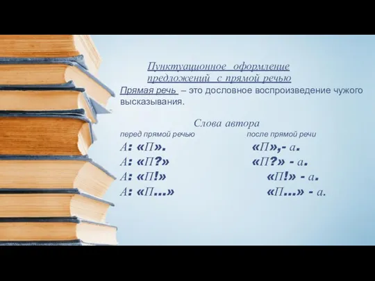 Пунктуационное оформление предложений с прямой речью Прямая речь – это