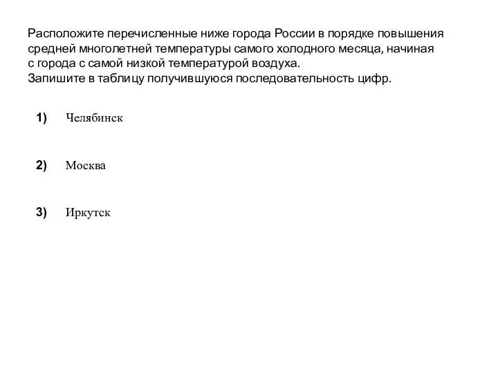 Расположите перечисленные ниже города России в порядке повышения средней многолетней