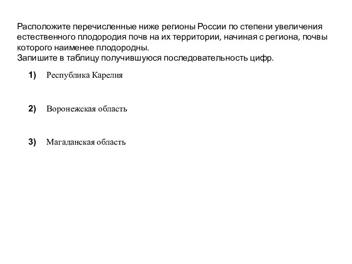 Расположите перечисленные ниже регионы России по степени увеличения естественного плодородия